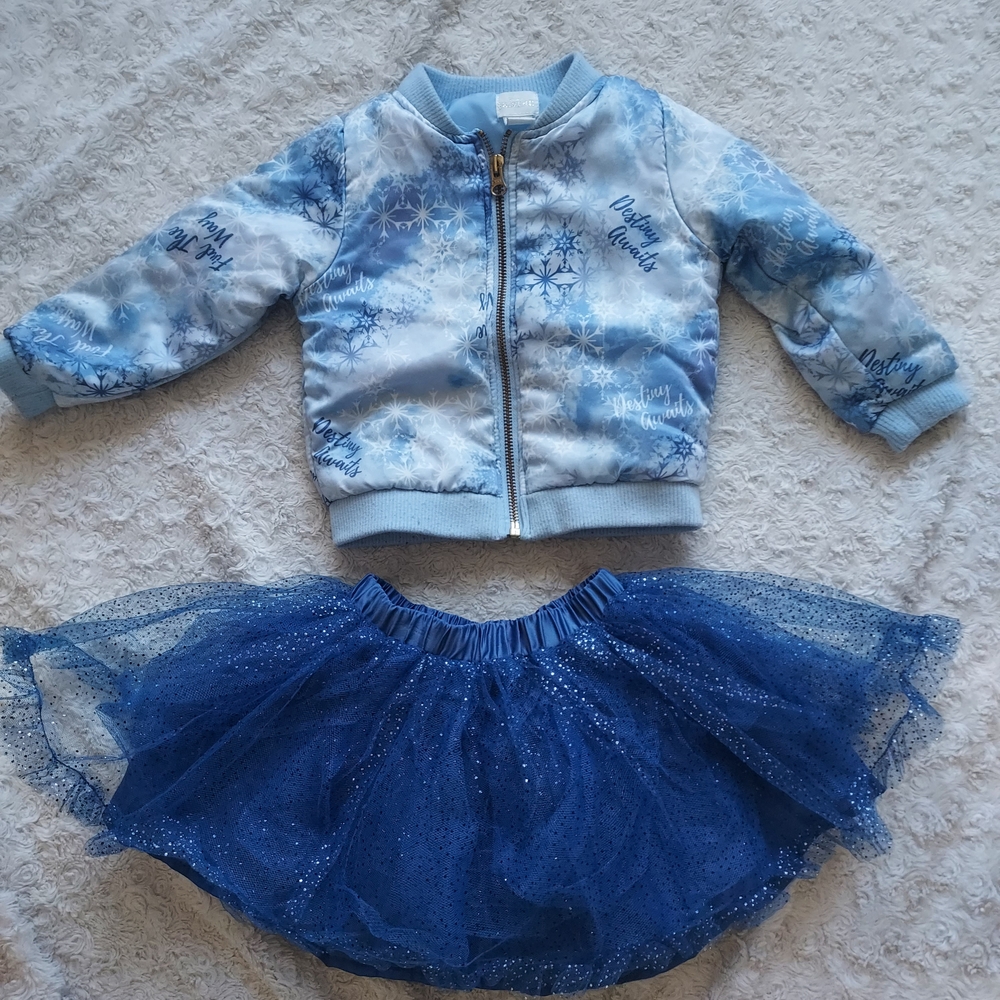Disney Frozen II Satin Puffer Jacket & Blue Tulle Tutu Skirt Set 2T Princess